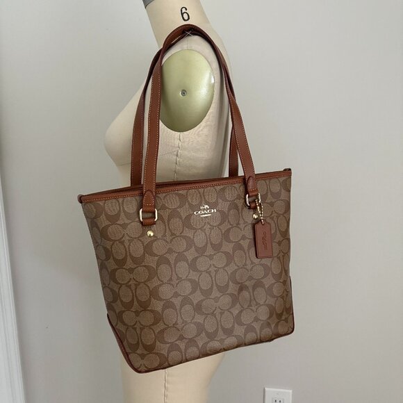 Coach Handbags - Coach Brown Signature Logo Coated Canvas Shoulder Bag F34603 ZipTop Tote